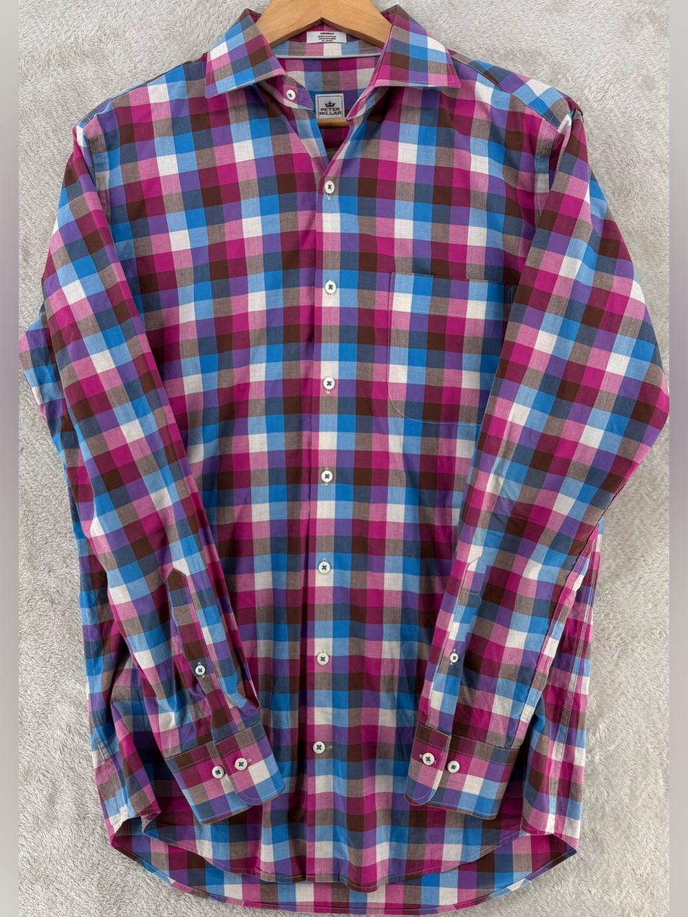 Peter Millar Men’s Medium Multicolor Plaid Button Down Shirt Pink Blue Cotton